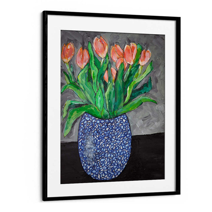 Vibrant tulips in a blue vase create a stunning focal point in TULIPS IN BLUE VASE I, FLORAL FLOWER PAINTINGS.