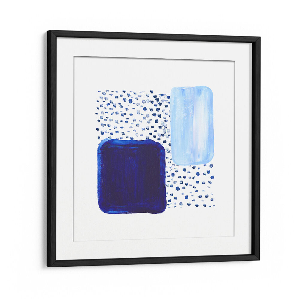 Framed abstract painting "Over the Blue Rain is Land," featuring rich hues and dynamic brush strokes for modern decor.
