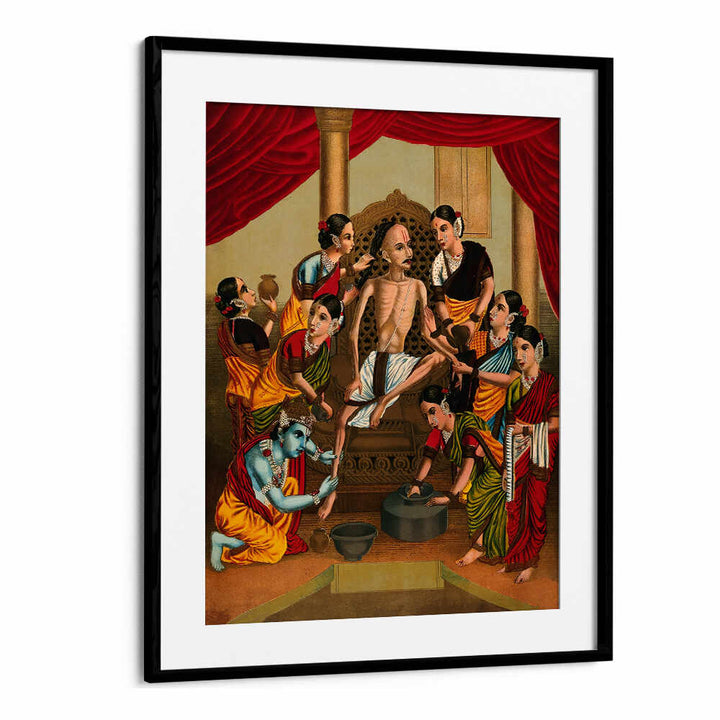 A HINDU ASCETIC IS BATHED AND HONOURED BY A SEVEN WOMEN AND KRISHNA. CHROMOLIT , INDIAN ART PAINTINGS