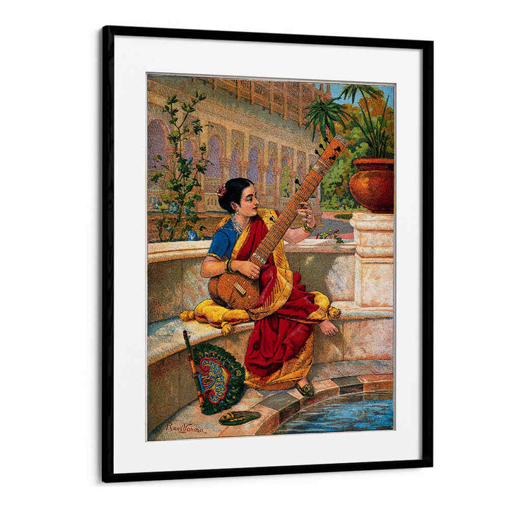 A SEATED INDIAN WOMAN PLAYS A SITAR NEXT TO A GARDEN POND , INDIAN ART PAINTINGS