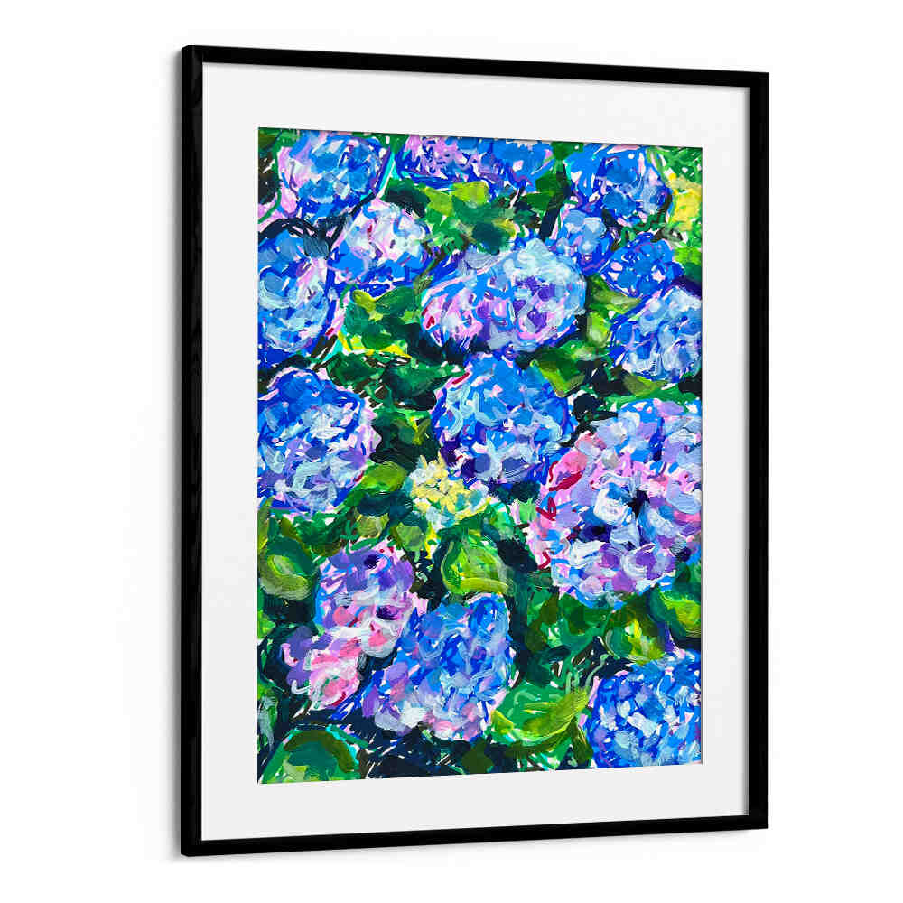 Blackmount framed vibrant hydrangea painting of blue and pink clusters, HYDRANGEAS , FLORAL FLOWER PAINTINGS