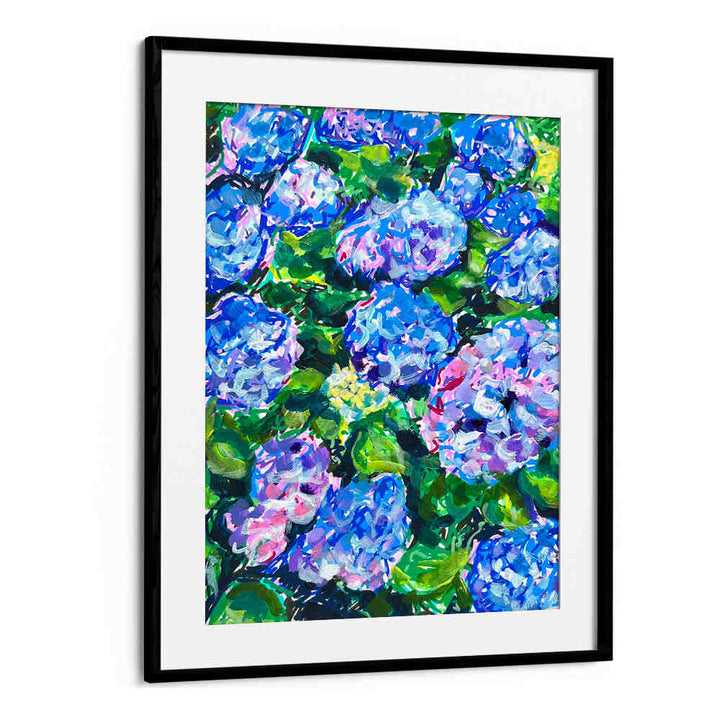 Blackmount framed vibrant hydrangea painting of blue and pink clusters, HYDRANGEAS , FLORAL FLOWER PAINTINGS