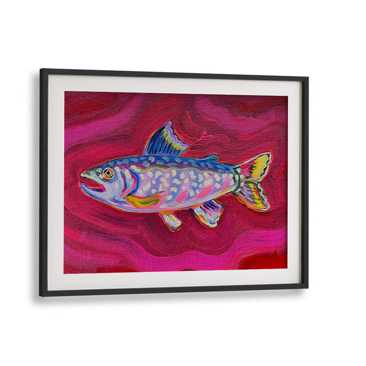 BlackMount TROUT , KITCHEN POSTERS: vibrant framed trout art with multicolor scales on magenta textured background