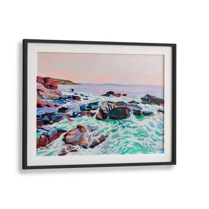 THUNDER HOLE , BEACH PAINTINGS by Black Mount — rocky shore, crashing turquoise waves under a pastel sky.
