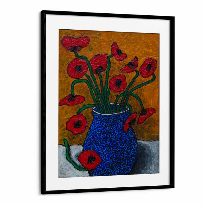 Vibrant POPPIES, FLORAL FLOWER PAINTINGS in a blue vase, perfect for elevating your space's elegance and artistry.