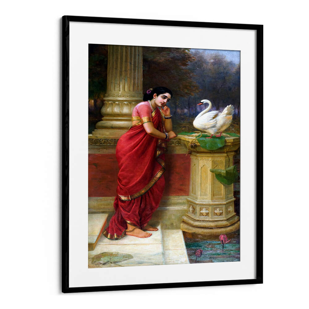 RAVI VARMA PRINCESS DAMAYANTHI TALKING WITH ROYAL SWAN ABOUT NALA , INDIAN ART PAINTINGS