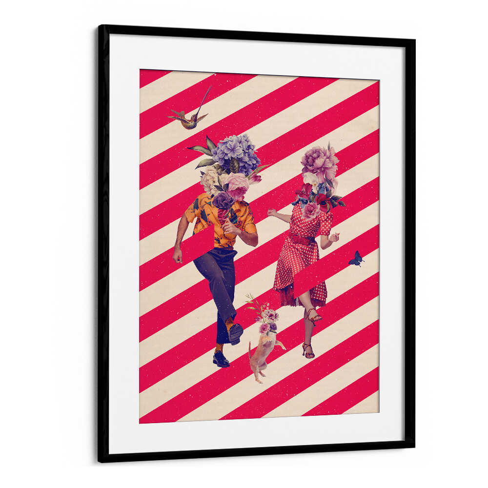 Vibrant PARTY TIME, SURREAL ART PRINTS showcasing playful figures with floral heads and striped background. Perfect for decor!