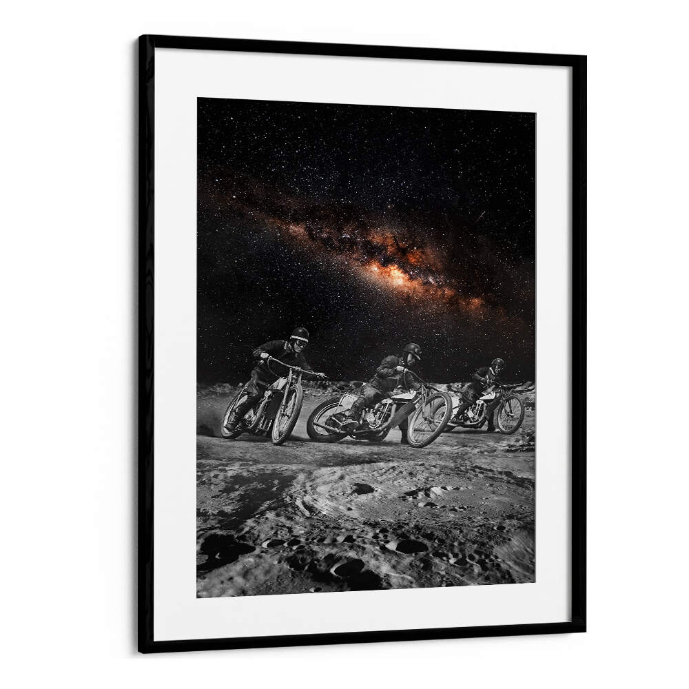 Three riders navigate a lunar landscape in this striking surreal art print, perfect for any space-themed decor. RIDERS, SURREAL ART PRINTS.