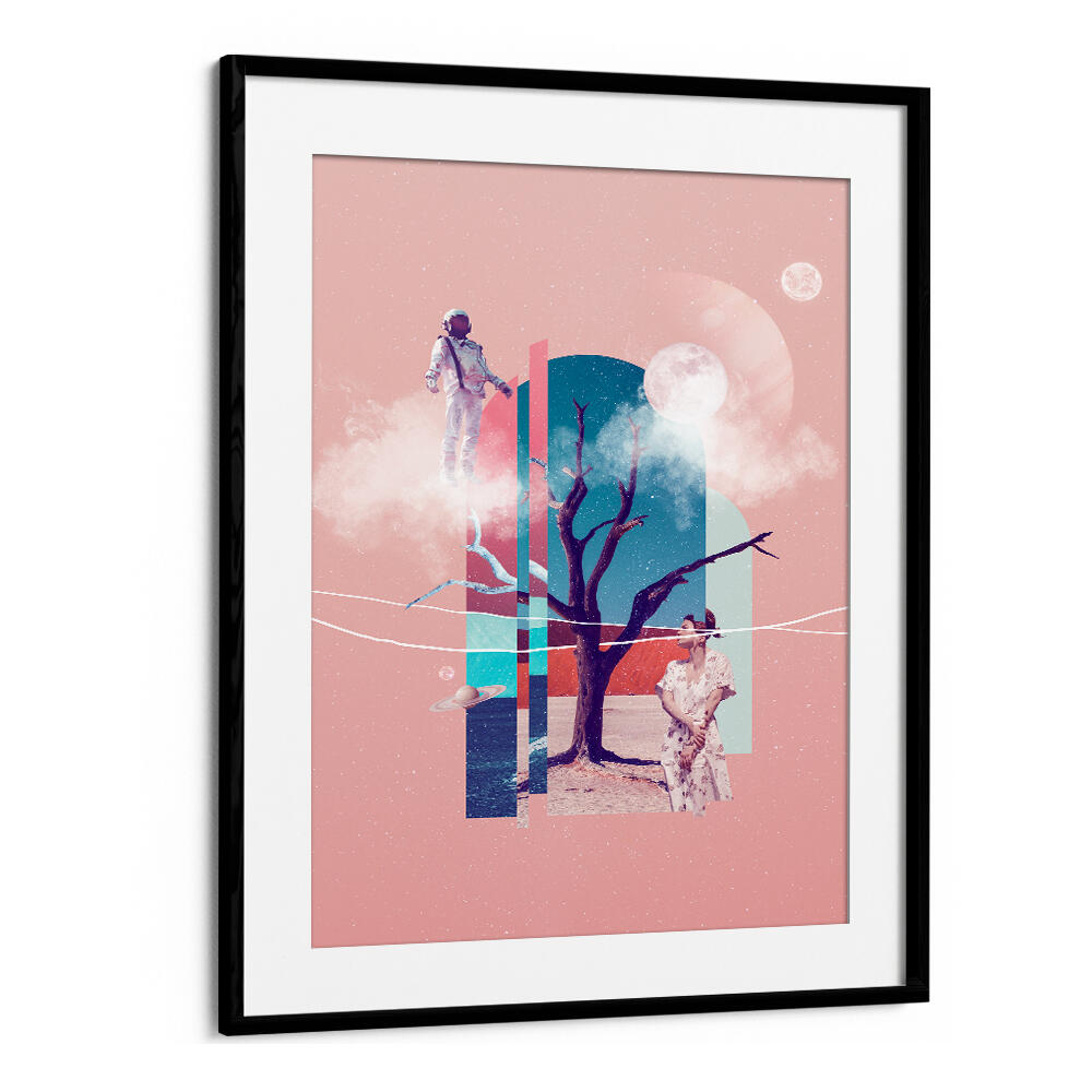 Surreal art print titled "SPACE LOVE," featuring astronauts and cosmic elements in a dreamy landscape.