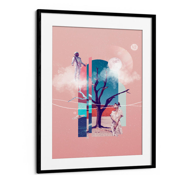 Surreal art print titled "SPACE LOVE," featuring astronauts and cosmic elements in a dreamy landscape.