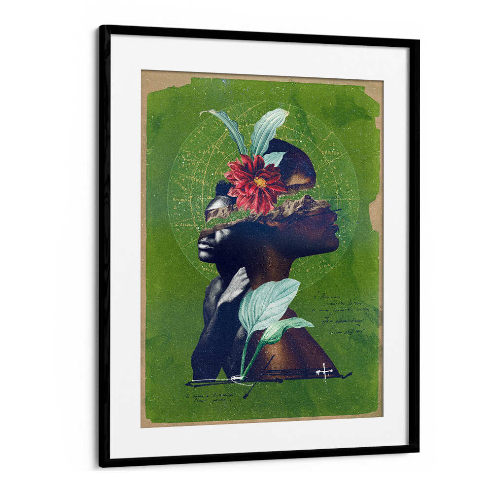 Stunning surreal art print, "THE ROOTS," featuring vibrant flora and abstract faces, perfect for any art lover.