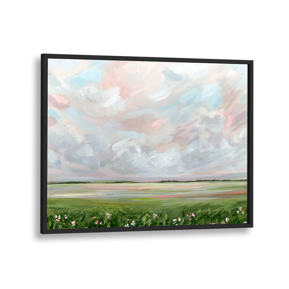 Vibrant clouds and lush fields in AMONGST THE WILDFLOWERS, LANDSCAPE PAINTINGS collection, perfect for nature lovers.