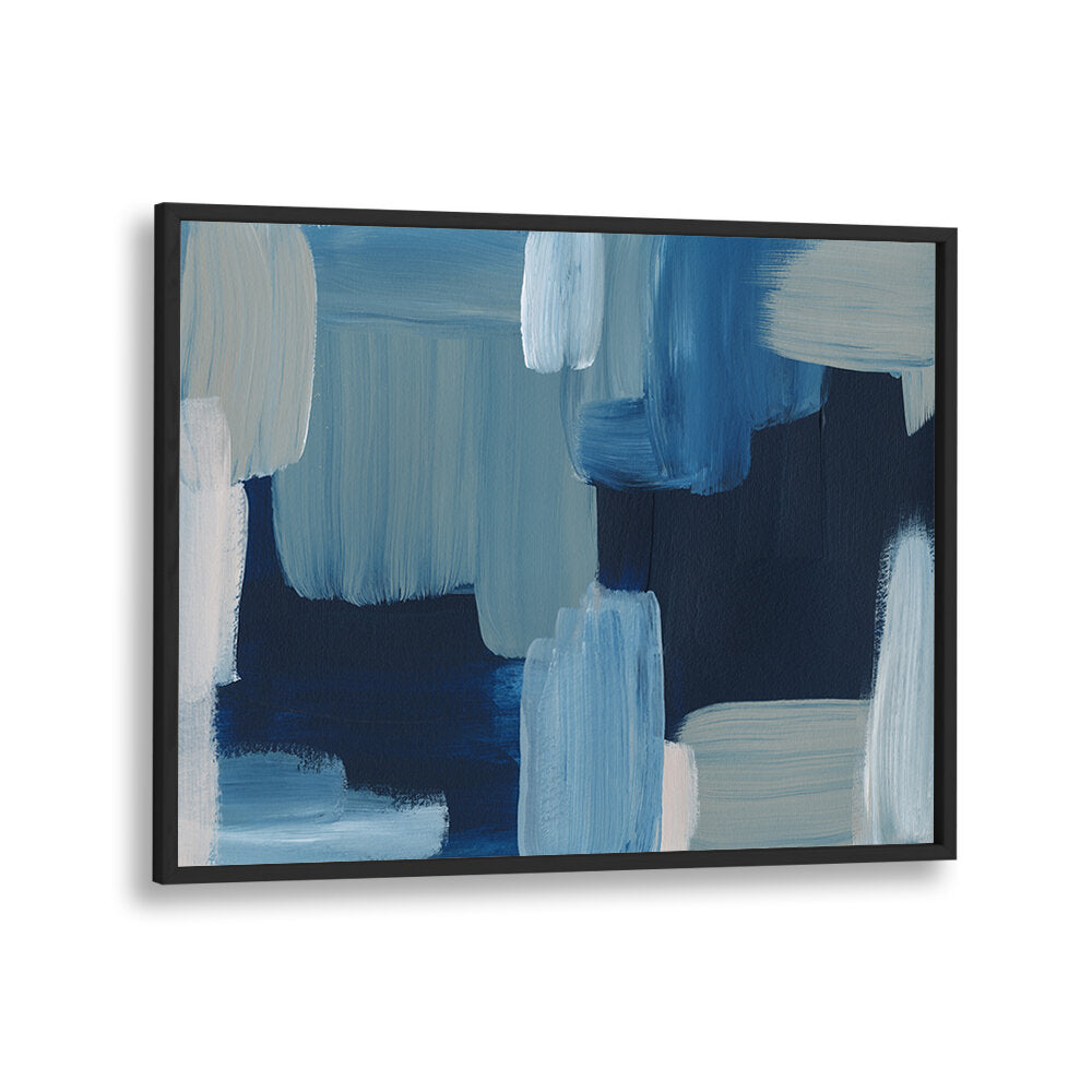BRUSH STROKES , ABSTRACT PAINTINGS showcasing a framed blue and navy canvas with bold textured brush strokes for modern decor