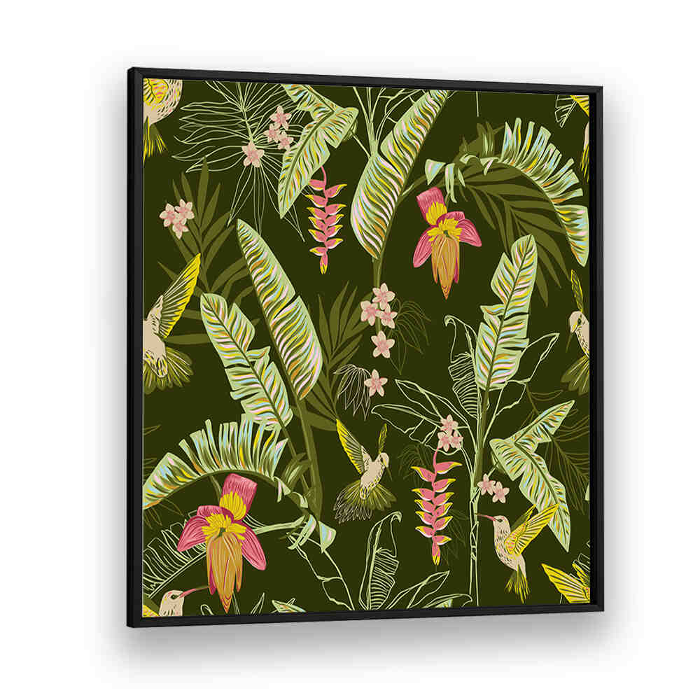 BANANA LEAVES AND HUMMINGBIRDS , FLORAL FLOWER PAINTINGS