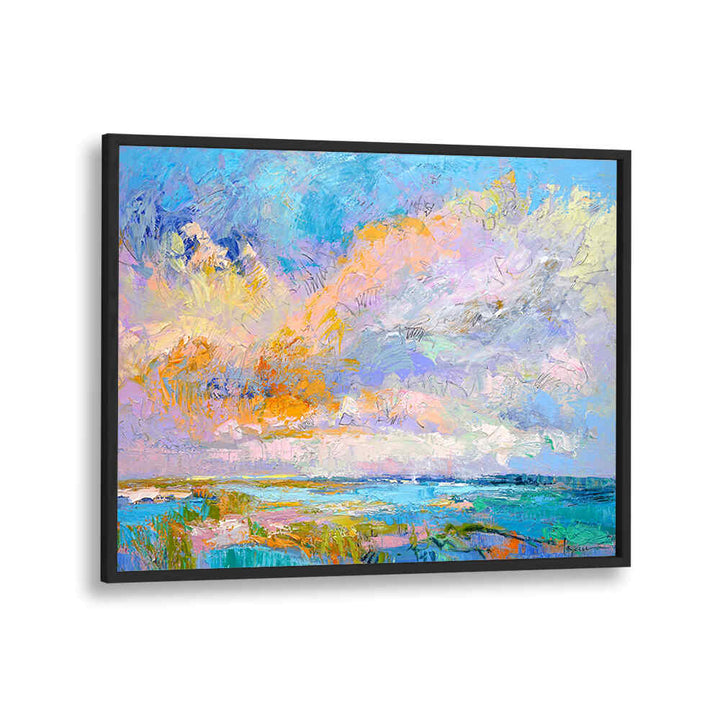 Blackplain framed COLORFUL , LANDSCAPE PAINTINGS showing a vibrant coastal horizon with textured sky and colorful marshland
