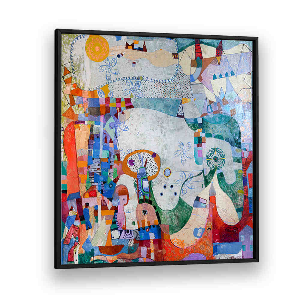 DISTANT VILLAGE , ABSTRACT PAINTINGS depicting hazy remote settlement in muted earth tones and layered textures