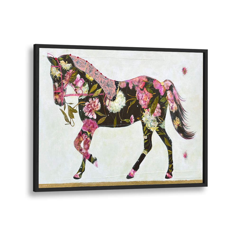 Vibrant horse with floral design representing EQUESTRIAN ELEGANCE, ANIMAL PAINTINGS for nature lovers.