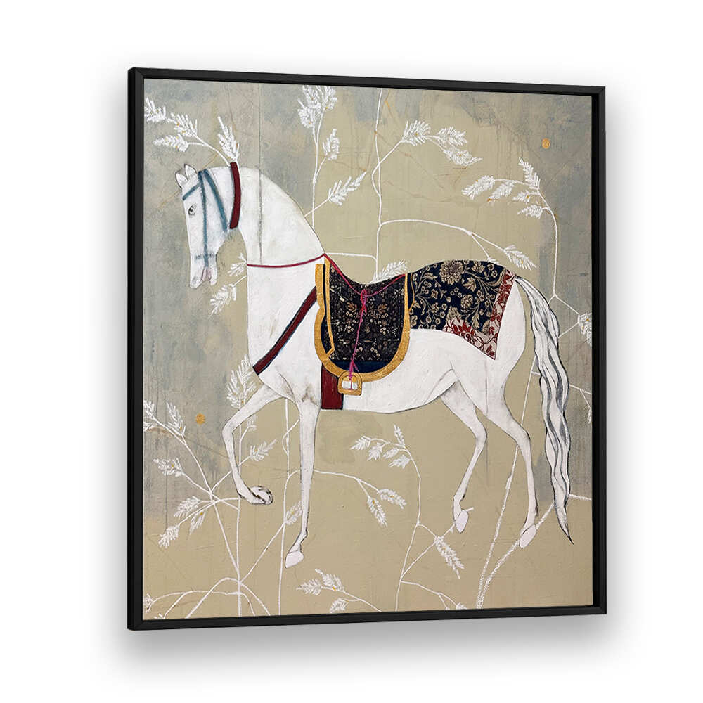 Elegant white horse tapestry showcasing EQUESTRIAN ELEGANCE TAPESTRIES, ANIMAL PAINTINGS for wildlife art lovers.