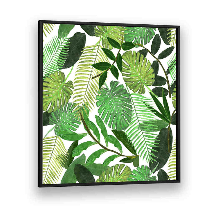 GREEN TROPICAL WATERCOLOR LEAVES , FLORAL FLOWER PAINTINGS framed botanical print with layered palm and monstera leaves