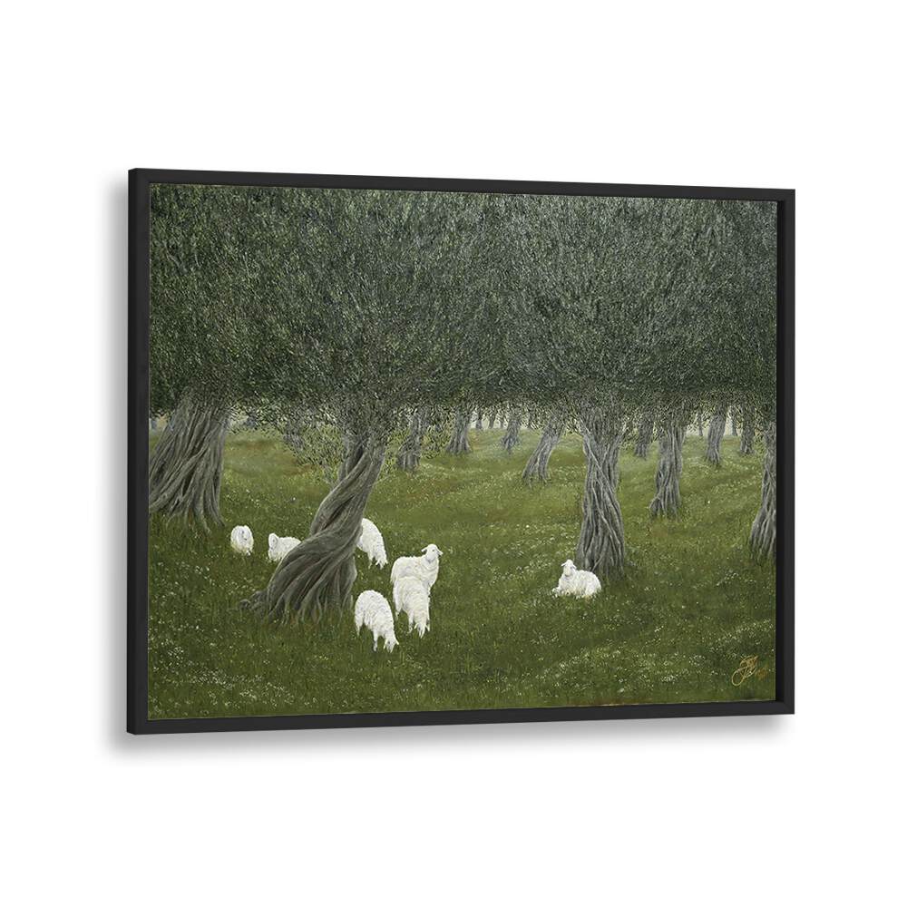 Elegant SHAMBLE GROVE, ANIMAL PAINTINGS showcasing serene sheep in a lush landscape, perfect for any art lover's collection.