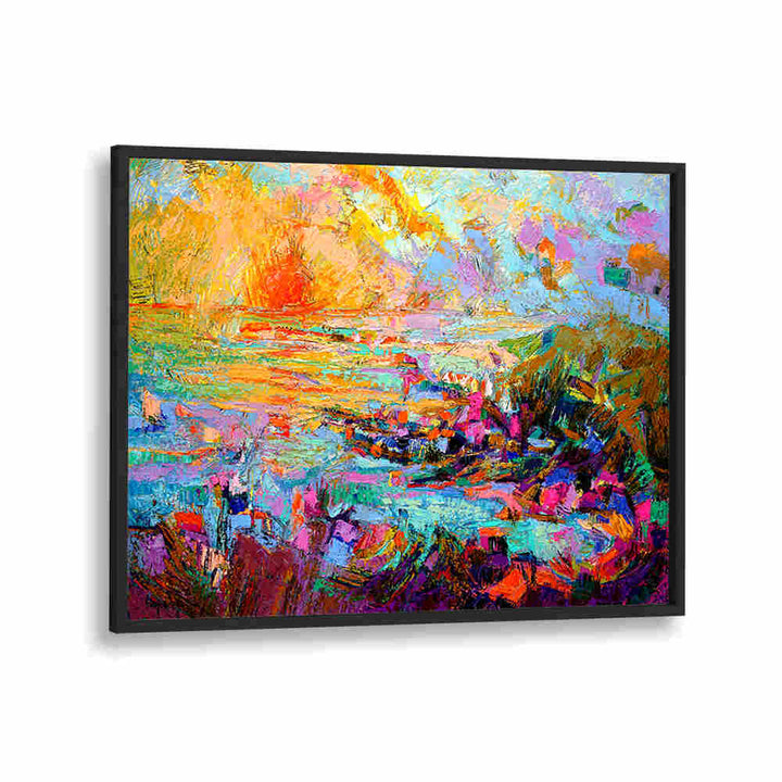 Blackplain framed vibrant sunset landscape with warm hues and textured strokes — SUNSET OVER , LANDSCAPE PAINTINGS