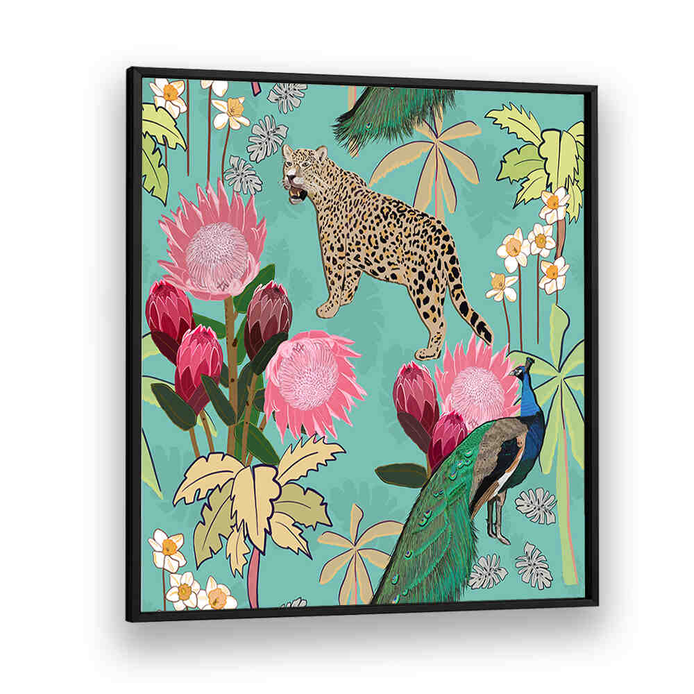 Vibrant TIGER AND PEACOCK , ANIMAL PAINTINGS on teal floral background featuring a prowling tiger and ornate peacock
