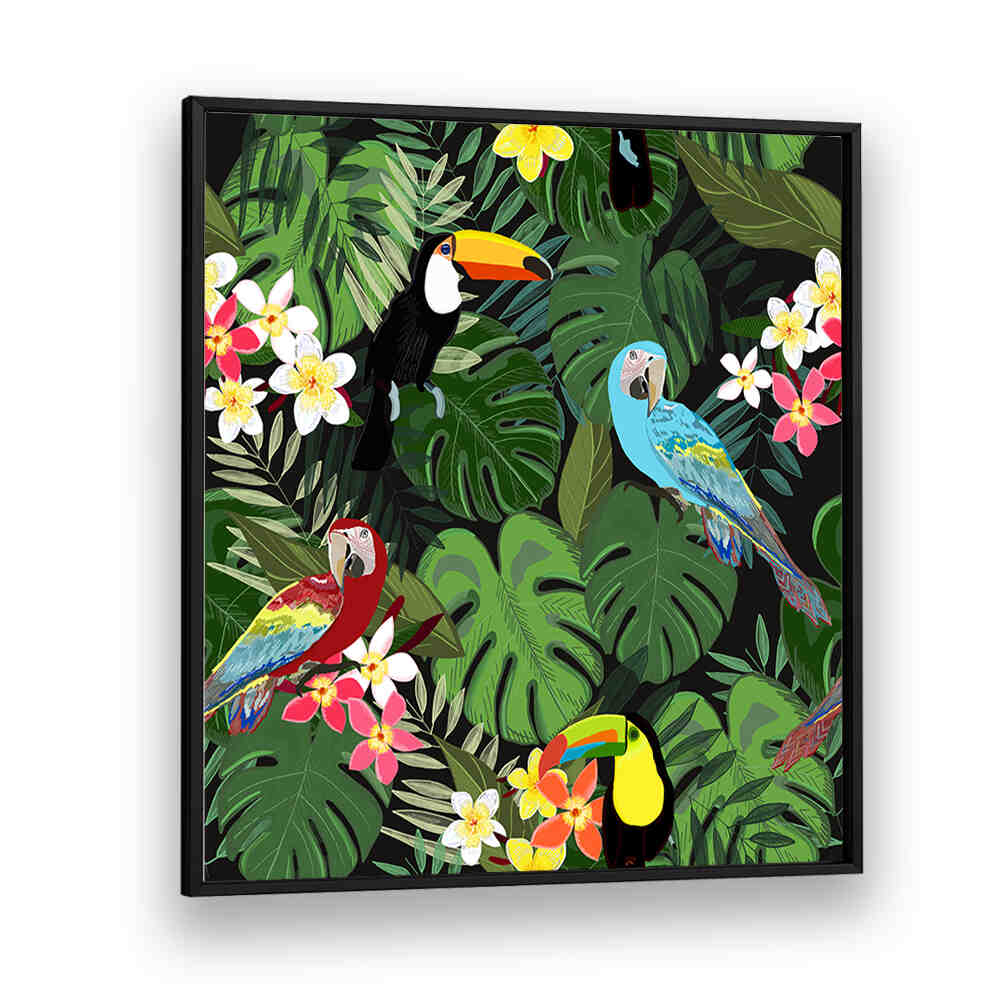 TROPICAL FOREST BLACK , ANIMAL PAINTINGS by Imagy: colorful toucans, macaws and tropical leaves on black