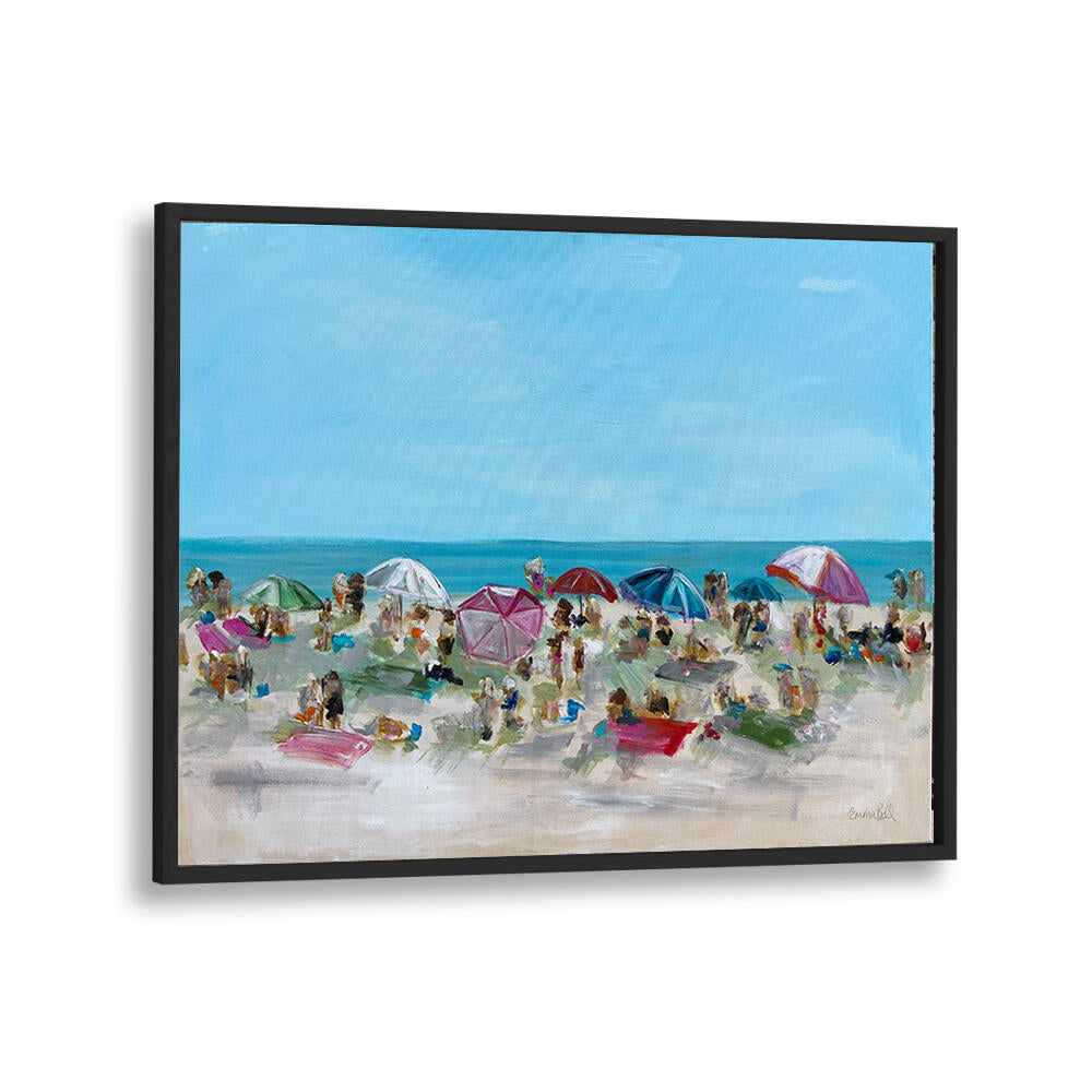 Colorful umbrellas and beachgoers captured in UMBRELLA GATHERING, BEACH PAINTINGS, perfect for coastal decor.