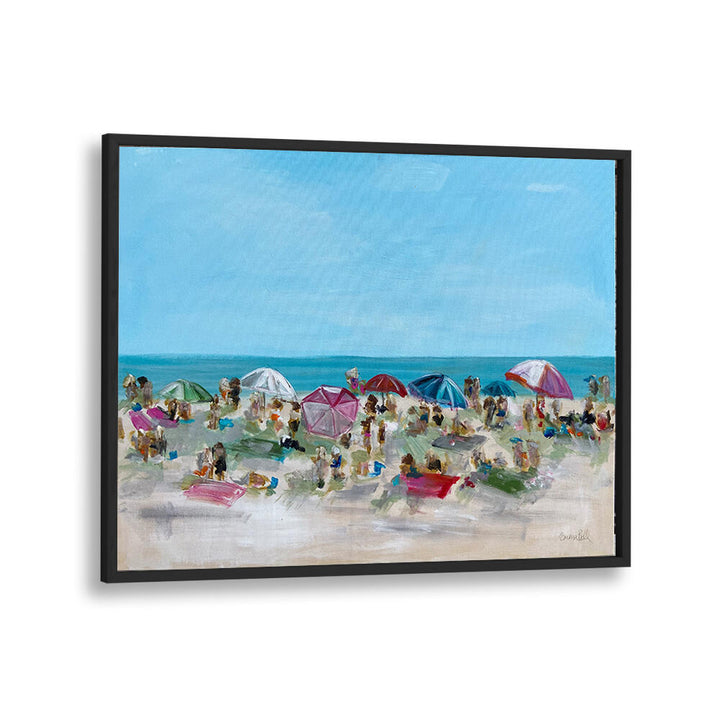 Colorful umbrellas and beachgoers captured in UMBRELLA GATHERING, BEACH PAINTINGS, perfect for coastal decor.