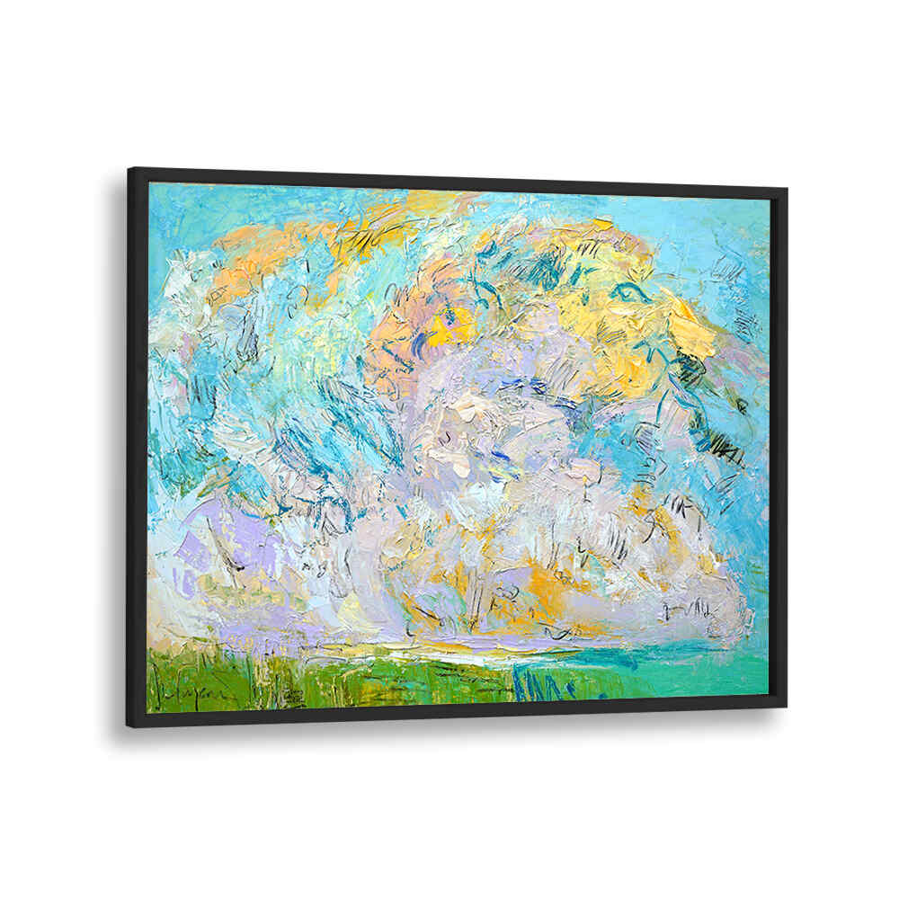 WHIMSICAL CLOUDSCAPE , LANDSCAPE PAINTINGS by BLACKPLAIN - framed abstract cloudscape with luminous blues, golds and textured brushwork