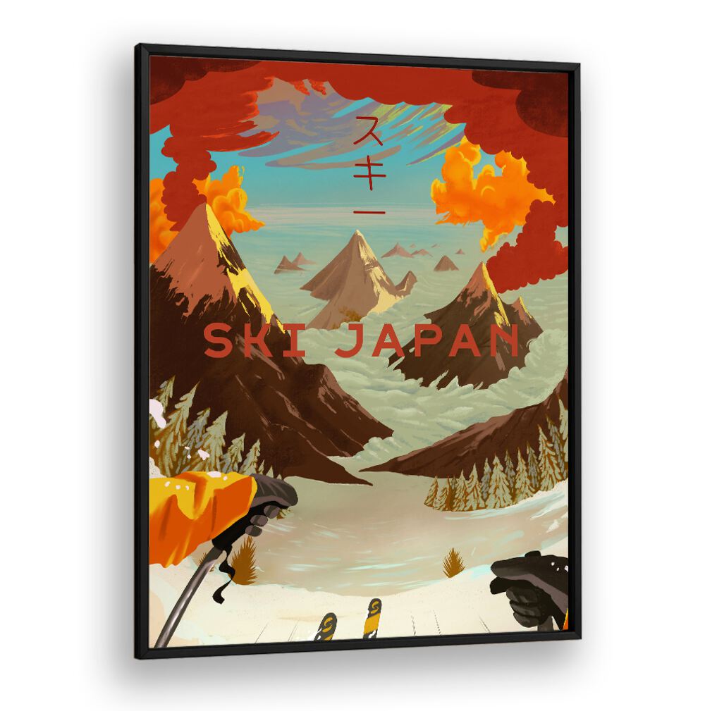 Bold and colorful SKI JAPAN, JAPANESE PAINTINGS artwork captures the thrill of Japan's stunning slopes and winter sports.