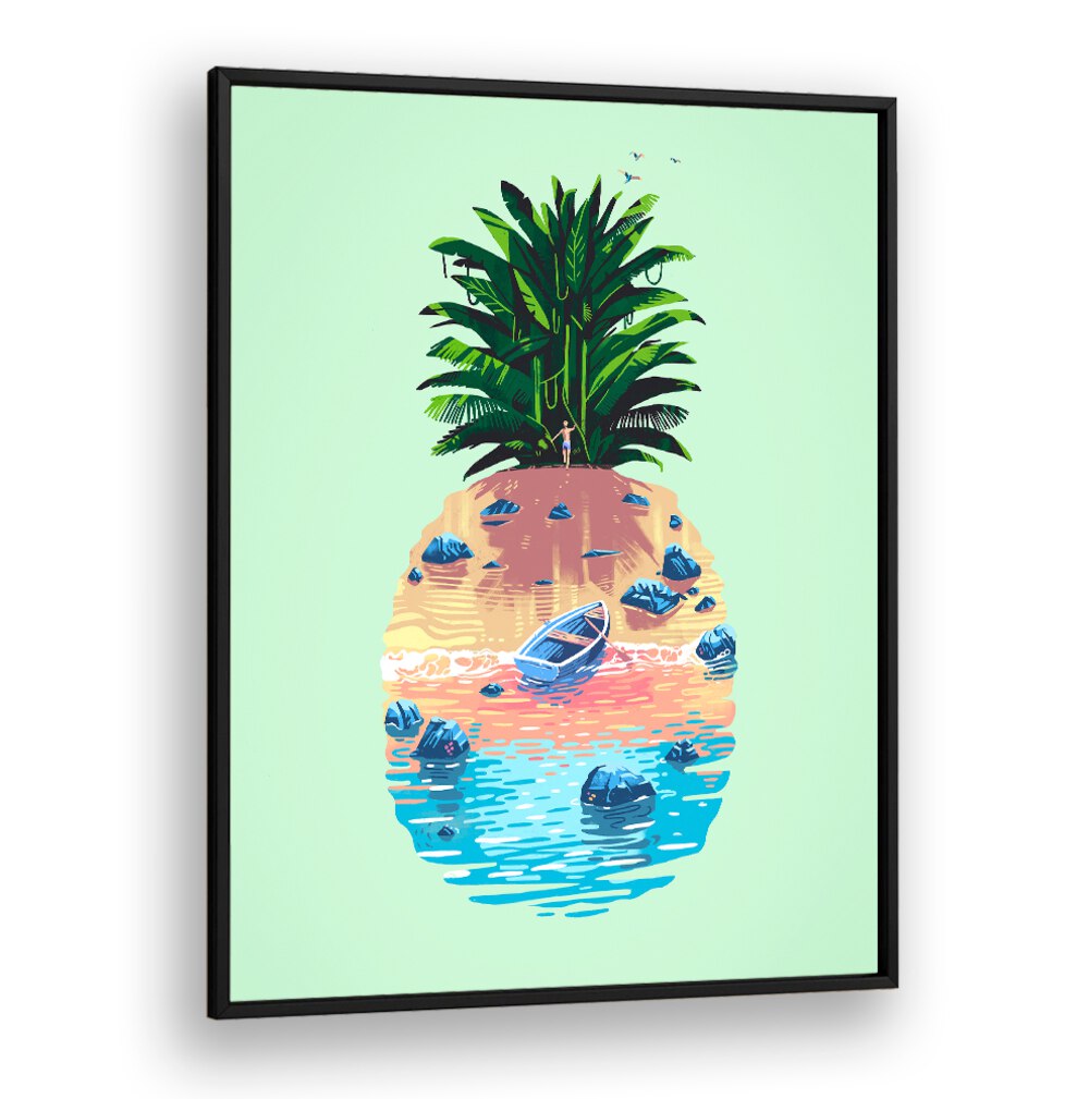 Vibrant PINEAPPLE ISLAND, BEACH PAINTINGS capture tropical vibes with a lush island and serene waters. Perfect for your decor!