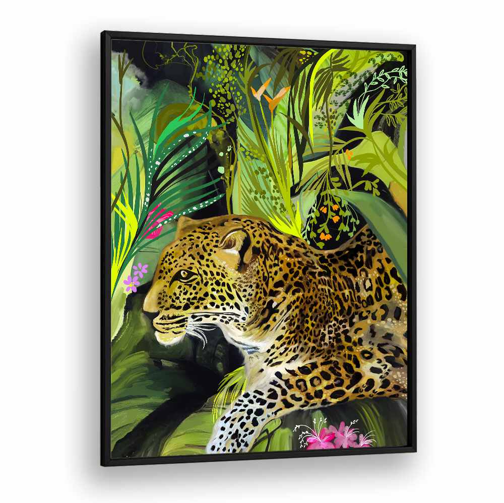 Fierce elegance of the LEOPARD KING, ANIMAL PAINTINGS, showcasing a striking leopard in a vibrant jungle setting.
