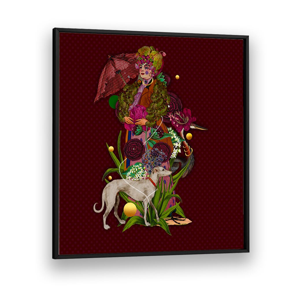 Colorful illustration featuring a woman with flowers and a dog, part of ENCHANTED FOREST IV, PORTRAITS collection.