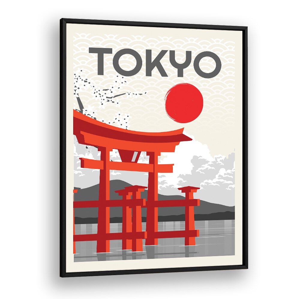 Vibrant TOKYO SUN, JAPANESE PAINTINGS capturing Tokyo's essence with a striking red torii gate and iconic sun.