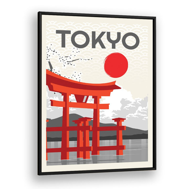 Vibrant TOKYO SUN, JAPANESE PAINTINGS capturing Tokyo's essence with a striking red torii gate and iconic sun.