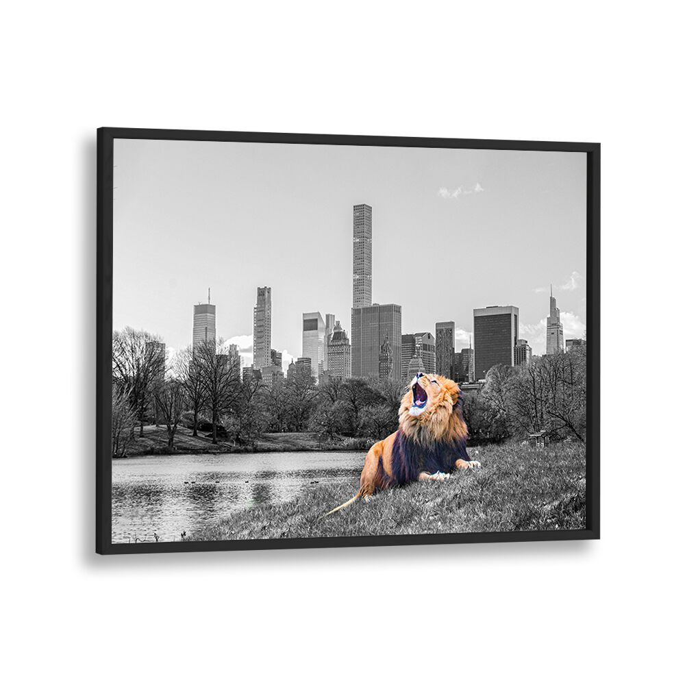 Vibrant lion roaring with New York skyline, showcasing NEW YORK ROAR, ANIMAL PAINTINGS for city lovers.