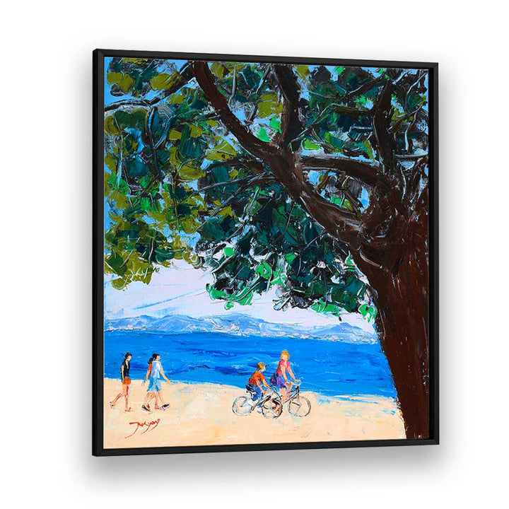 Discover the vibrant ON VACATION, BEACH PAINTINGS, showcasing beach life under a lush tree with joyful figures.
