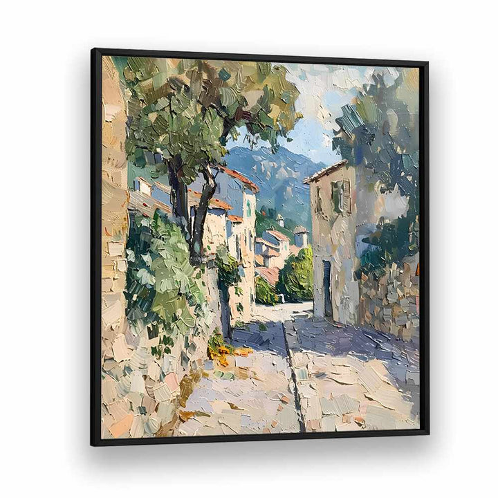 Vibrant street scene in the artwork STREET IN MALLORCA IV, capturing Mediterranean charm and summer essence.