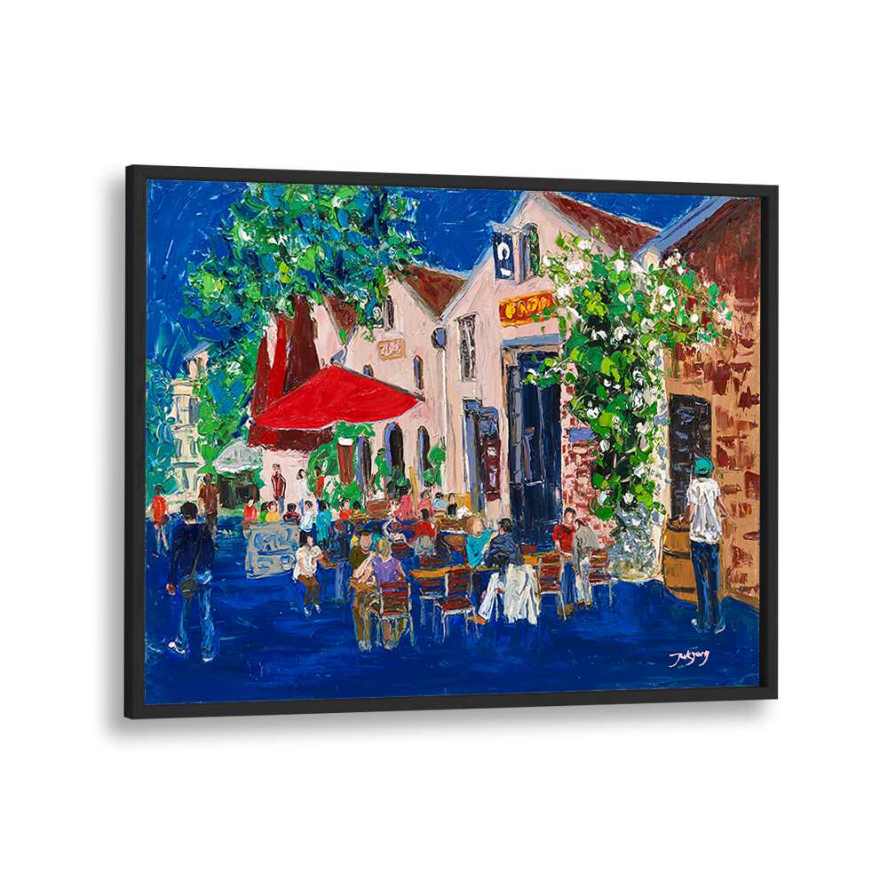 Vibrant scene of a lively café with colorful outdoor seating, perfect for your HOLIDAY , BAR decor.
