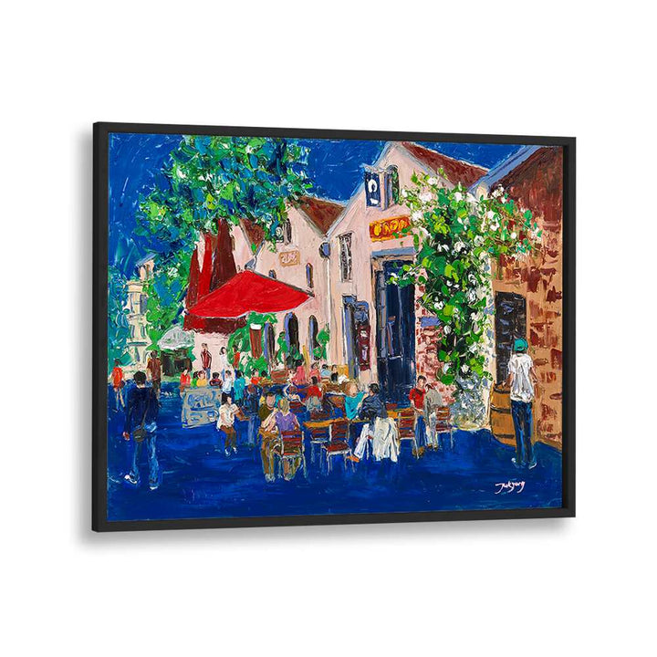 Vibrant scene of a lively café with colorful outdoor seating, perfect for your HOLIDAY , BAR decor.