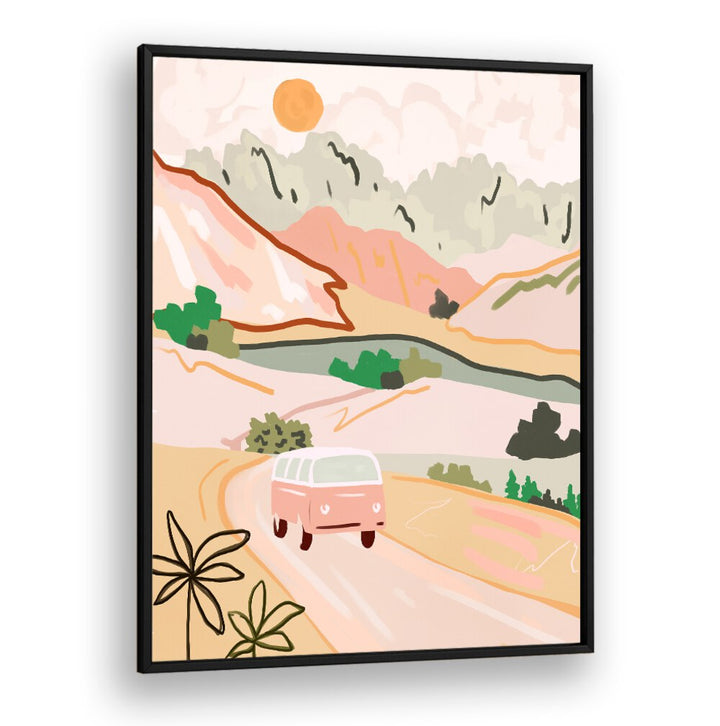 Vibrant PASTEL JOURNEY, LANDSCAPE PAINTINGS showcasing serene pastel hues and a charming van on a picturesque road.