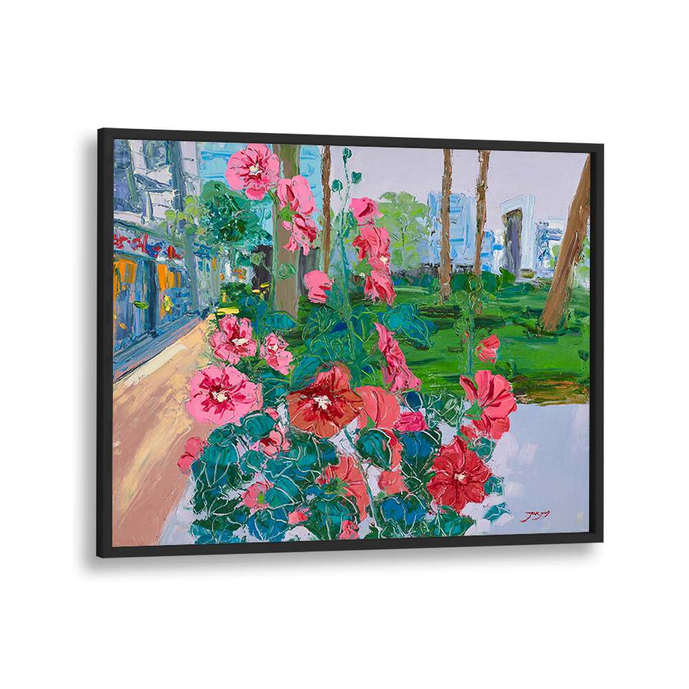 Vibrant pink flowers in a stunning floral flower painting, perfect for enhancing your space with color and beauty.