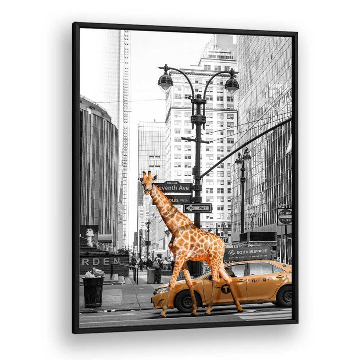 Giraffe crossing a city street in vibrant MORNING WALK, ANIMAL PAINTINGS, capturing urban wildlife charm.