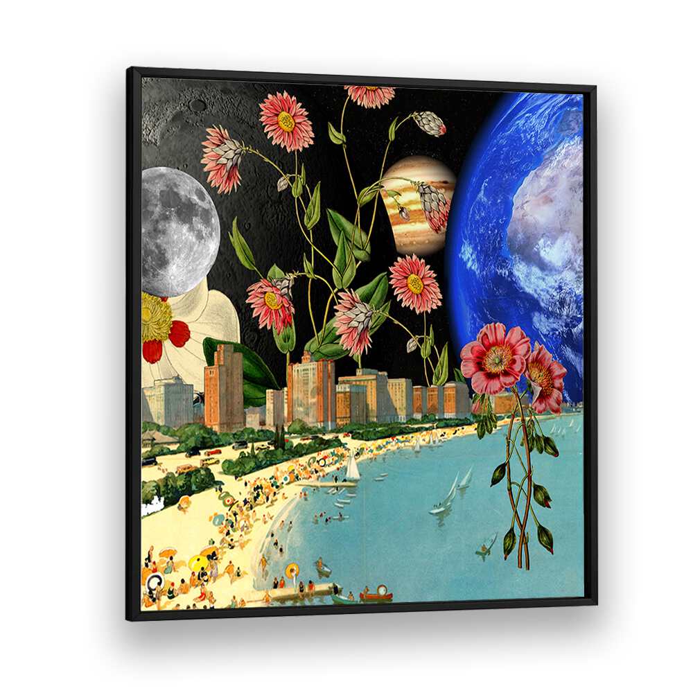 Colorful surreal art print featuring a beach scene, titled BEACH WITH A VIEW, SURREAL ART PRINTS, perfect for home decor.