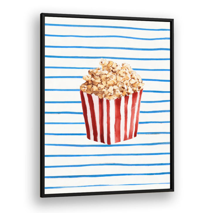 POPCORN TIME , BAR artwork with red-striped popcorn box on blue and white striped background in modern style