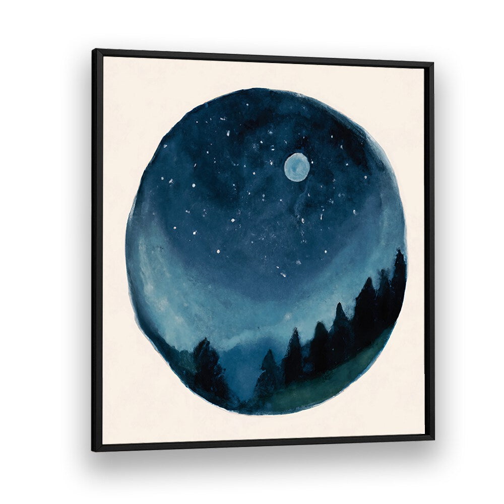 AROUND THE WORLD , KIDS ROOM PAINTINGS showing a night sky with stars and moon over dark forest, perfect for kids’ rooms.