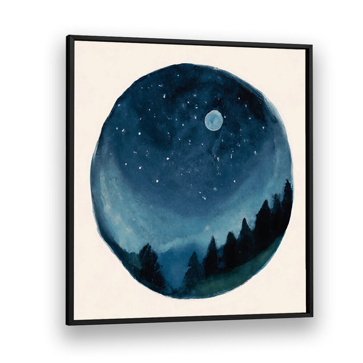 AROUND THE WORLD , KIDS ROOM PAINTINGS showing a night sky with stars and moon over dark forest, perfect for kids’ rooms.