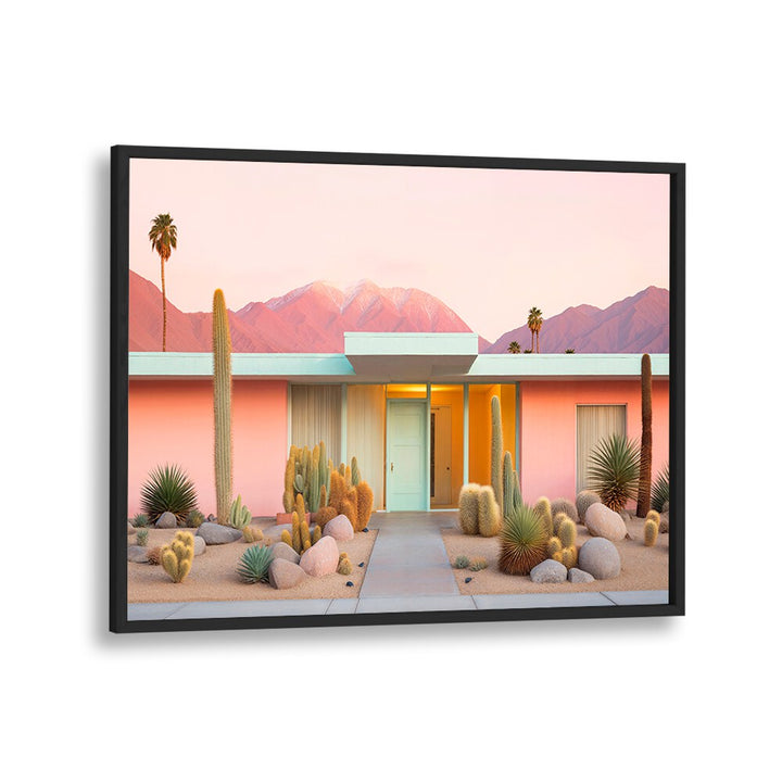 Colorful mid-century architecture with desert landscape, perfect for enhancing your space with MID-CENTURY MOODS, BEACH PAINTINGS.