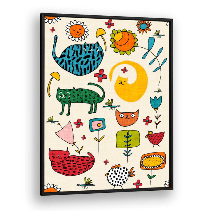 Bright and playful SPRING CAT BIEGE, KIDS ROOM PAINTINGS featuring colorful cats and flowers, perfect for children's decor.